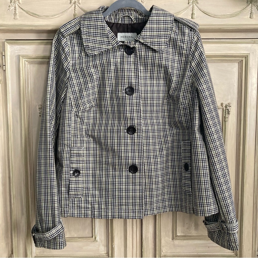 Ladies XL Peacoat Blazer Cream Tan Green and Navy Plaid Brown Buttons Pockets